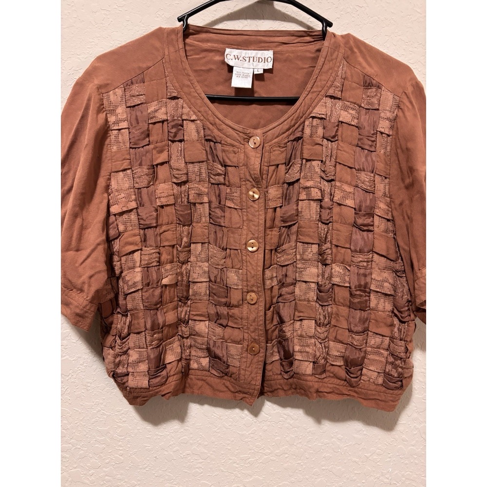 Y2K Whimsigoth Smocked Texture Button Crop Top Rust Brown Basketweave Shirt SZ L - Picture 8 of 14